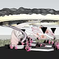 Elegant Modern Wedding Banquet Hall With Pink Flowers Curved Decor Crystal Chandeliers And White Tables