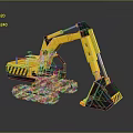 Yellow Construction Excavator With Black Bucket And Tracks In Toy Model Style With Reflection