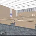 Modern Conference Room Interior With Wooden Long Tables Stepped Seating And Multiple Screens
