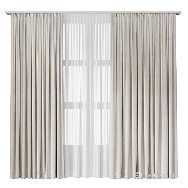 Modern Light Beige Curtains With Sheer Layers And Velvet Textured Fabric For Window 3d model 