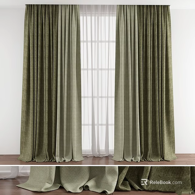 Green Velvet Curtains With White Sheer Panels For Window On Wooden Floor 3d model 
