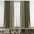 Green Velvet Curtains With White Sheer Panels For Window On Wooden Floor