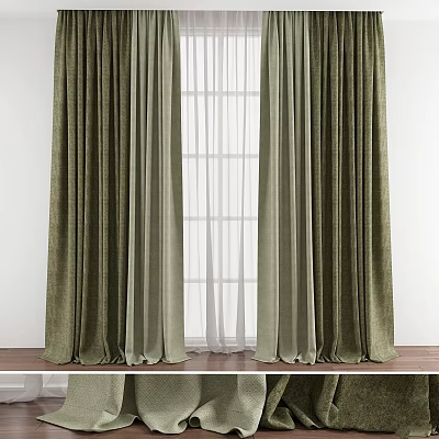 Green Velvet Curtains With White Sheer Panels For Window On Wooden Floor 3d model