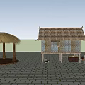 Traditional Thatched House With Straw Roof Ladder And Brick Paved Ground