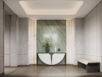 Elegant Modern Entryway Side Cabinet Design With Green Marble Wall Vase Decorations And Bench 3d model