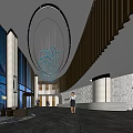 Modern Hotel Lobby Interior With Blue Glass Pendant Lights And Marble Reception Desk