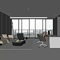 Modern Office Interior With Large Windows Sofa Coffee Table Desk And Bookshelf Chair