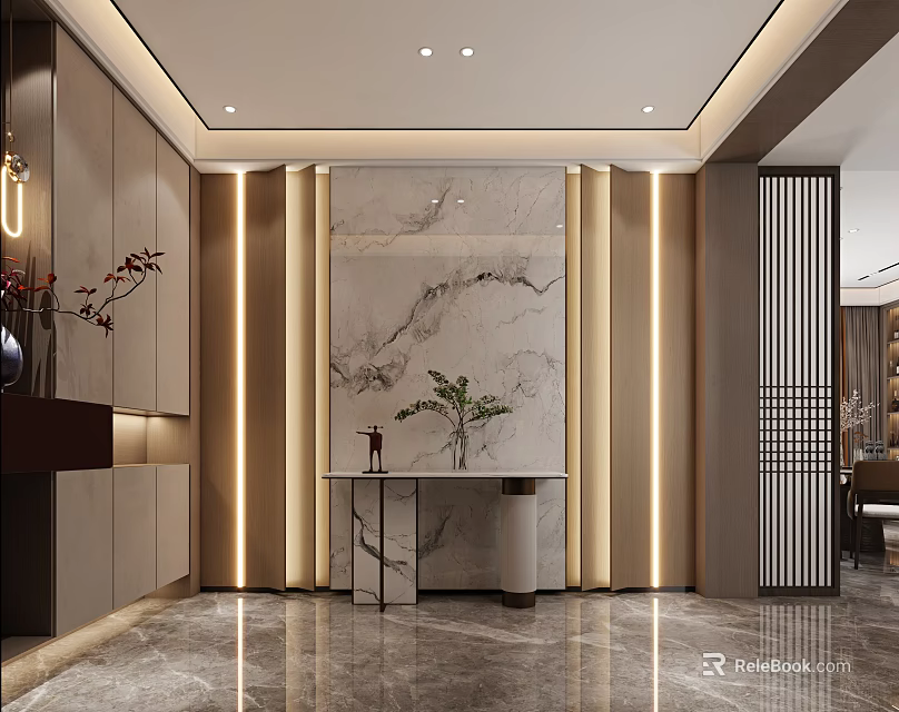 Modern Entryway Hallway Interior Design With Marble Wall Lighting Strips Console Table And Decorative Plant 3d model 