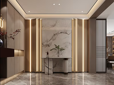 Modern Entryway Hallway Interior Design With Marble Wall Lighting Strips Console Table And Decorative Plant 3d model