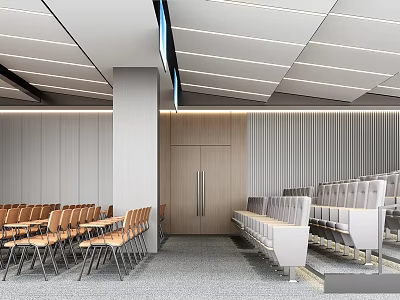 Modern Conference Room Interior With Wooden Tables Chairs And Ceiling Lighting Design 3d model