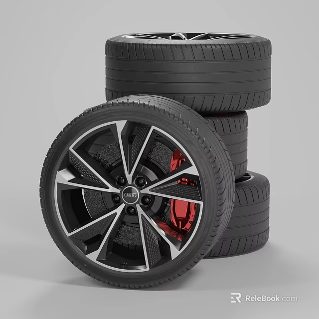 High Performance Audi Tires With Stacked Design Black Alloy Wheels And Red Brake Calipers 3d model 