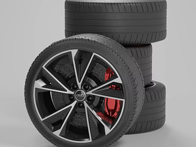 High Performance Audi Tires With Stacked Design Black Alloy Wheels And Red Brake Calipers 3d model