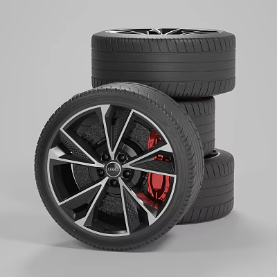 High Performance Audi Tires With Stacked Design Black Alloy Wheels And Red Brake Calipers 3d model