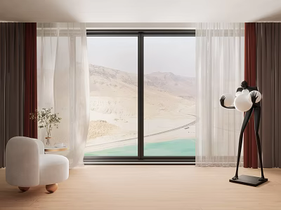 Layered Light Sheer and Dark Thick Curtains in Modern Room with Large Window Mountain Lake View 3d model