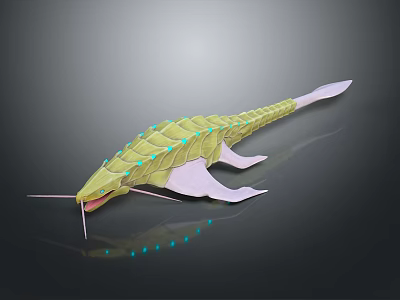 Green Aquatic Creature With Luminous Blue Spots Long Body Fins And Whiskers 3d model