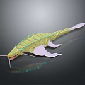 Green Aquatic Creature With Luminous Blue Spots Long Body Fins And Whiskers