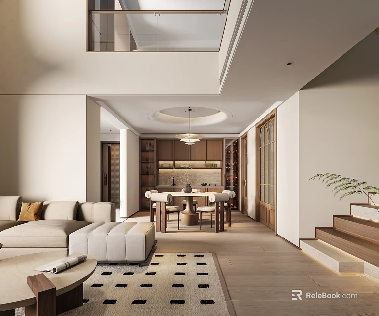 Modern Living Dining Room Interior With Sofa Dining Table Chairs And Pendant Light 3d model 