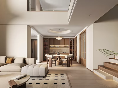 Modern Living Dining Room Interior With Sofa Dining Table Chairs And Pendant Light 3d model