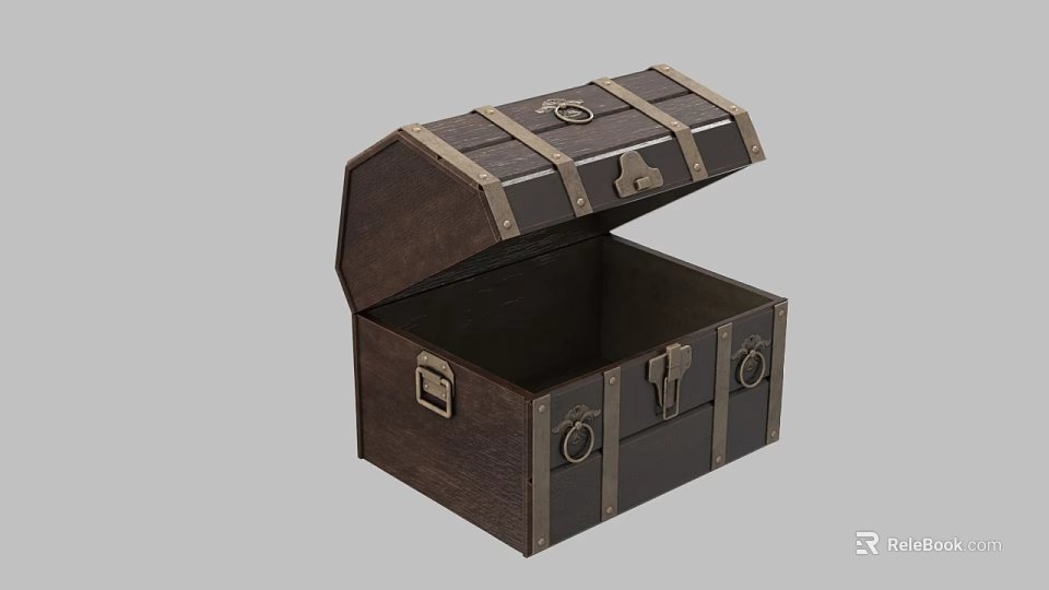 Vintage Dark Brown Wooden Chest With Open Lid Metal Straps And Empty Interior 3d model 