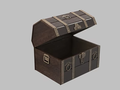 Vintage Dark Brown Wooden Chest With Open Lid Metal Straps And Empty Interior 3d model