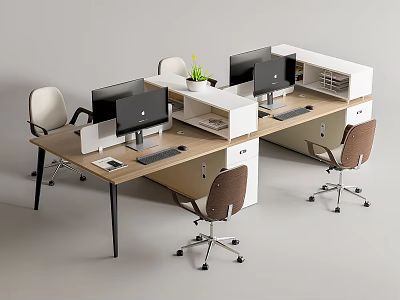 Modern Modular Office Desk Setup With Computer Monitors Office Chairs And Potted Plant 3d model