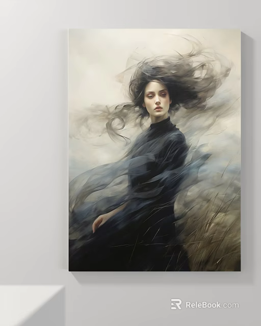 Artistic Female Portrait with Flowing Long Hair and Dark Clothing Against Windblown Fabric and Grass 3d model 