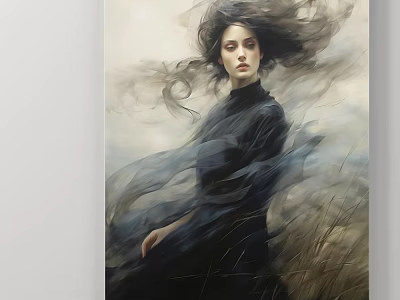 Artistic Female Portrait with Flowing Long Hair and Dark Clothing Against Windblown Fabric and Grass 3d model