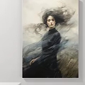 Artistic Female Portrait with Flowing Long Hair and Dark Clothing Against Windblown Fabric and Grass