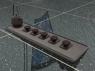 Traditional Tea Set with Teapot and Teacups on Speckled Dark Textured Tray 3d model