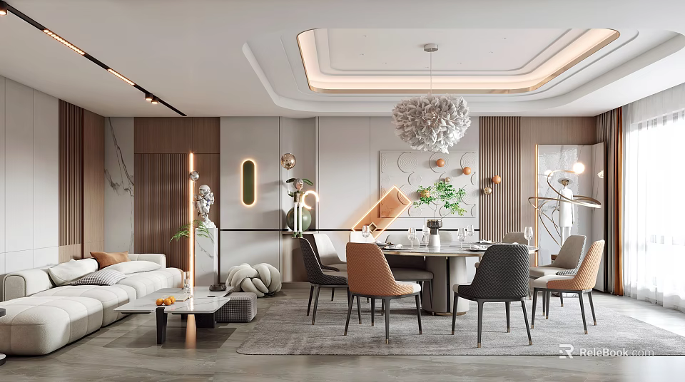 Elegant Modern Private Room Interior With Comfortable Sofa Dining Table And Pendant Light 3d model