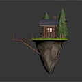 Cartoon Floating Island Scene with Wooden Cabin Pine Trees and Green Grass