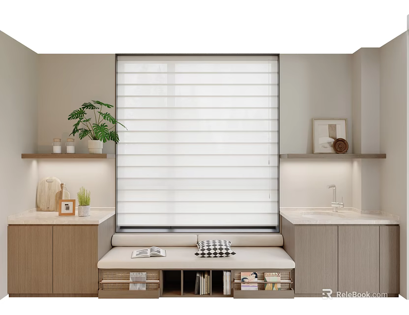 Modern Interior Entryway Cabinet and Side Cabinet with Window Blind Plant Shelves and Storage Drawers 3d model 