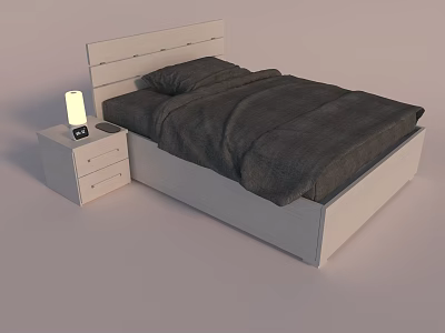 Single Bed With Wooden Headboard Dark Bedding And White Bedside Table With Lamp Alarm Clock 3d model