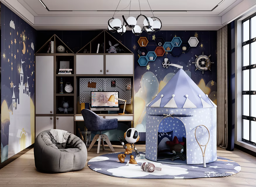 Starry Theme Kids Room with Play Tent Shelves Bean Bag Chair Chandelier and Toys Rug 3d model 