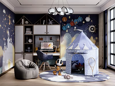 Starry Theme Kids Room with Play Tent Shelves Bean Bag Chair Chandelier and Toys Rug 3d model