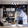Starry Theme Kids Room with Play Tent Shelves Bean Bag Chair Chandelier and Toys Rug