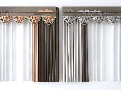 Elegant Curtains With Brown Beige Gray White Fabric And Layered Valance Design 3d model