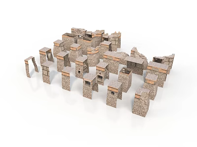 Traditional Stone Brick Building Model With Arches Walls And Roof Components 3d model
