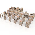 Traditional Stone Brick Building Model With Arches Walls And Roof Components