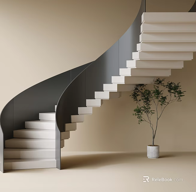 Modern Spiral Staircase Interior Design With White Steps Black Railing And Potted Plant 3d model 