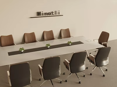 Modern Office Conference Table With Brown Gray Chairs Potted Plants And Minotti Logo On Wall 3d model