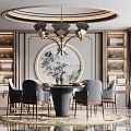 Elegant Modern Dining Room With Round Table Blue Chairs Gold Chandelier Display Shelves And Artwork
