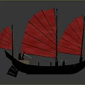 Traditional Chinese Junk Boat With Red Sails Black Hull And Wooden Deck