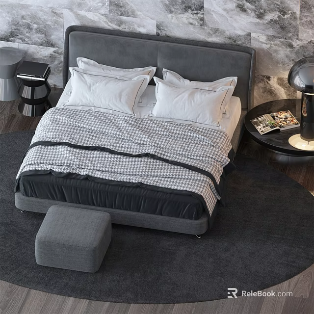 Modern Double Bed With Gray Headboard Black White Checkered Quilt White Pillows Stool And Lamp 3d model 