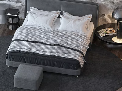 Modern Double Bed With Gray Headboard Black White Checkered Quilt White Pillows Stool And Lamp 3d model