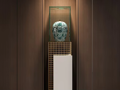 Decorative Ceramic Vase Display In Glass Cabinet With Wooden Background And Golden Grid 3d model