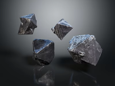 Black Polyhedral Stones With Textured Surfaces On Dark Background And Reflections 3d model