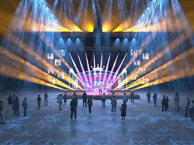 Grand Stage Show With Colorful Lights And Audience On Star Floor 3d model