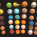 Various Colorful Planets and Celestial Models Collection with Meteoroids Different Shapes and Colors