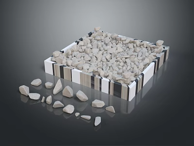 Black And White Striped Wooden Box With White Stones Piled Inside And Scattered Around 3d model